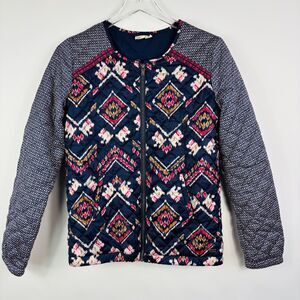 Y2K Roxy quilted jacket S  Ikat mixed print boho blue pink full zip Patchwork